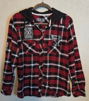 "Beautiful Disaster" buffalo plaid LS button-down shirt with skull/bone XL